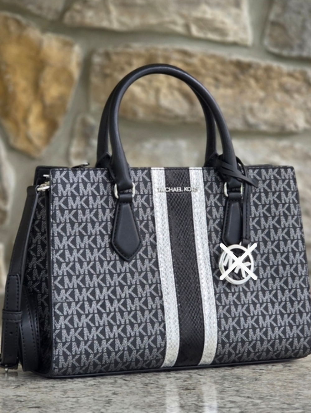 Michael Kors Sheila Medium Center Stripe Black Logo Satchel